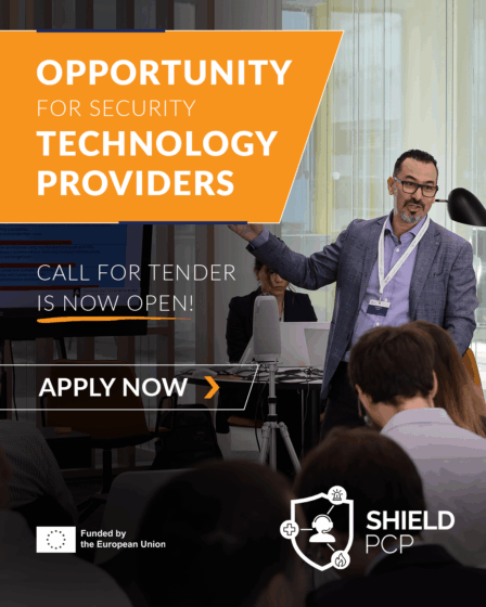 Banner promoting the SHIELD PCP Tender. Call to actions on the left, a project representative on the right.